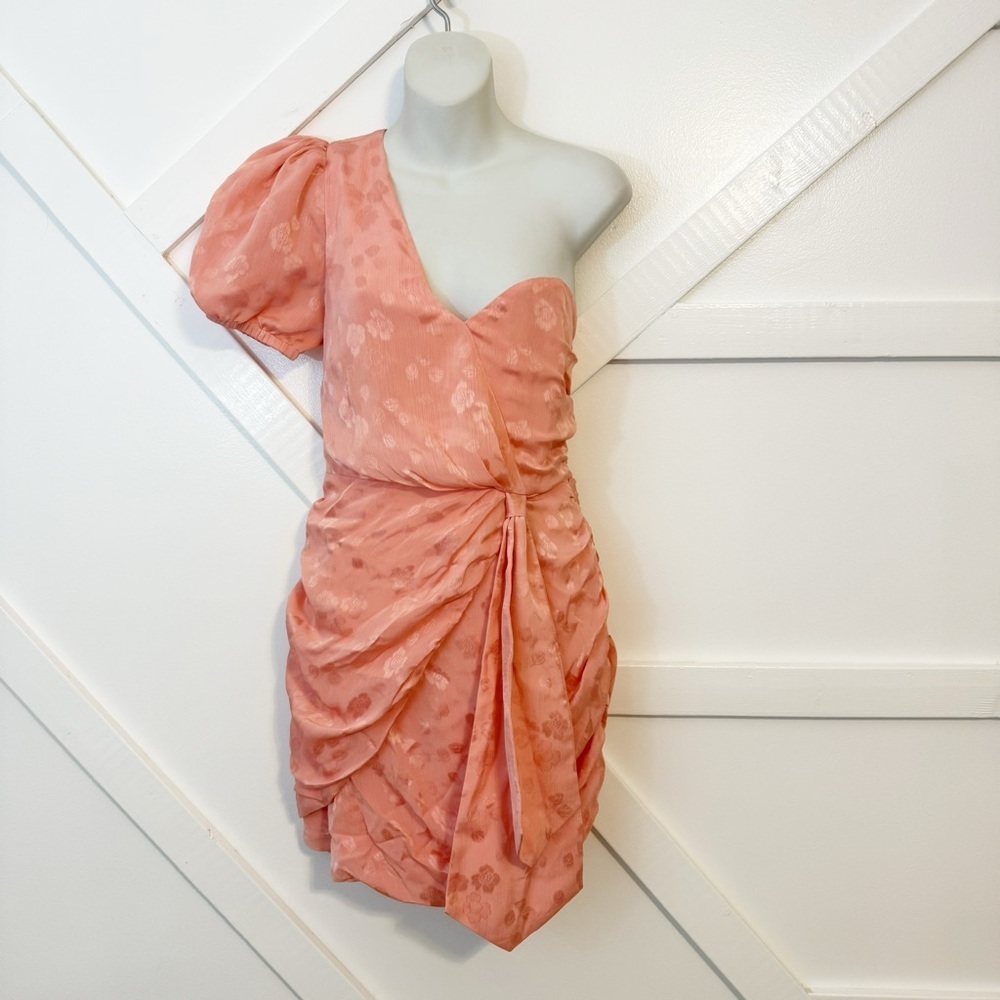 Majorelle Madison One Shoulder Floral Embroidered Draped Mini Dress Pink Sz M - Picture 2 of 11